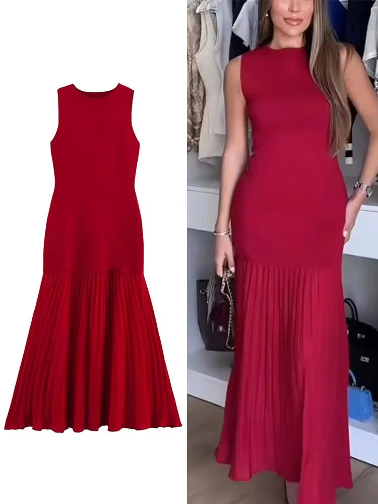 Dress Pleated Patchwork Simple Temperament Knitted Sleeveless
