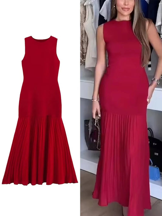 Dress Pleated Patchwork Simple Temperament Knitted Sleeveless