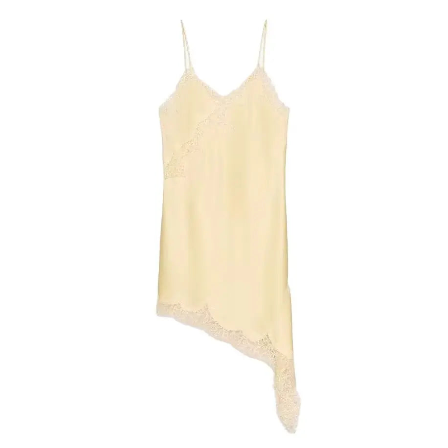 Hollow Out See Through Lace Spliced Satin Sling Dress Women