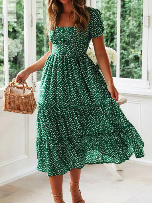 Vintage Print Puff Sleeve summer Beach sweet dresses