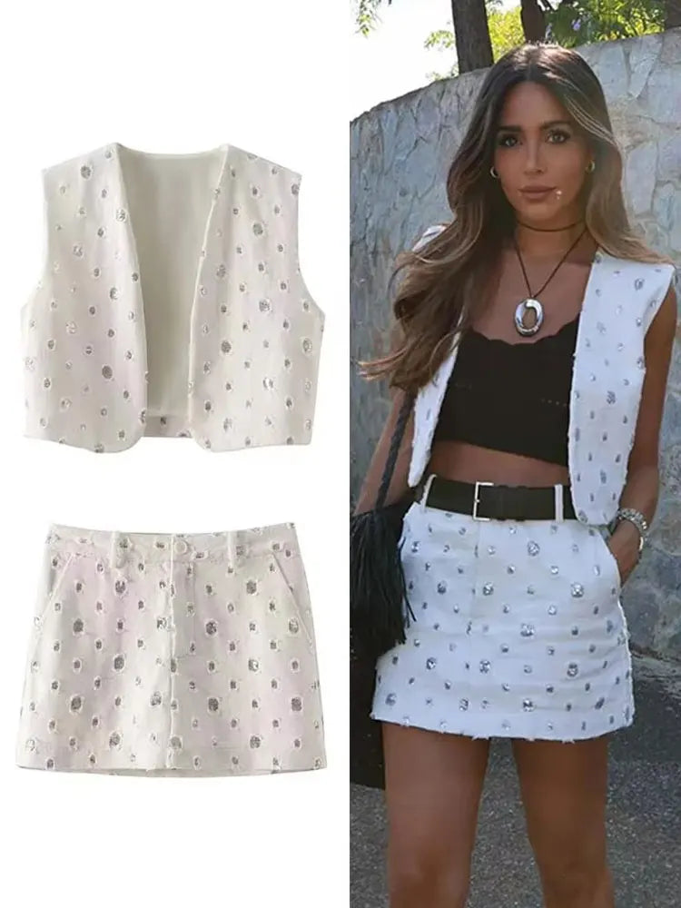 Elegant Sequin Skirt Sets For Women 2 Pieces Shinny Sleeveless Vest Women Suits