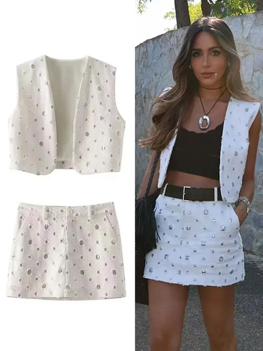 Elegant Sequin Skirt Sets For Women 2 Pieces Shinny Sleeveless Vest Women Suits