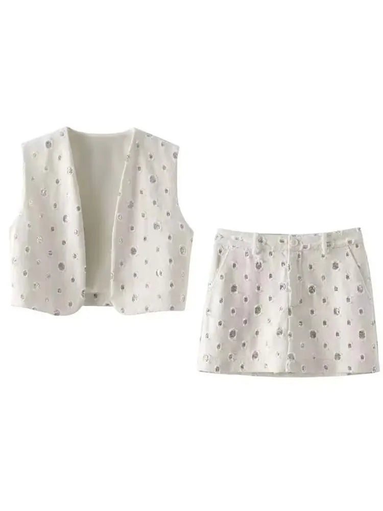 Elegant Sequin Skirt Sets For Women 2 Pieces Shinny Sleeveless Vest Women Suits