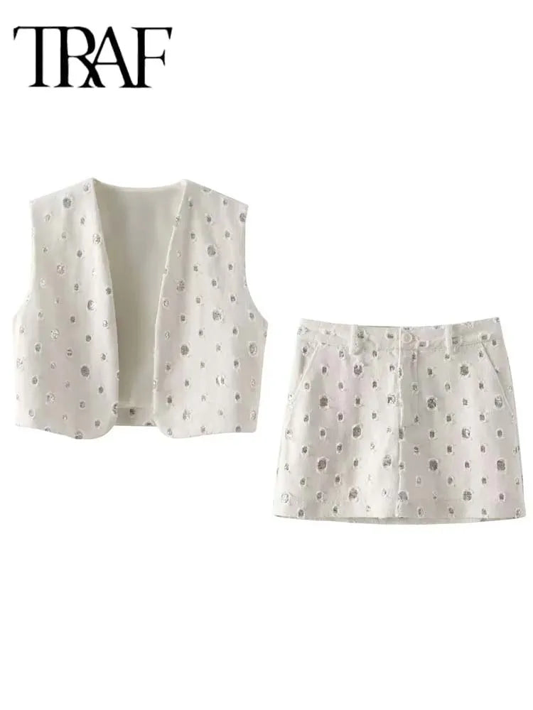 Elegant Sequin Skirt Sets For Women 2 Pieces Shinny Sleeveless Vest Women Suits