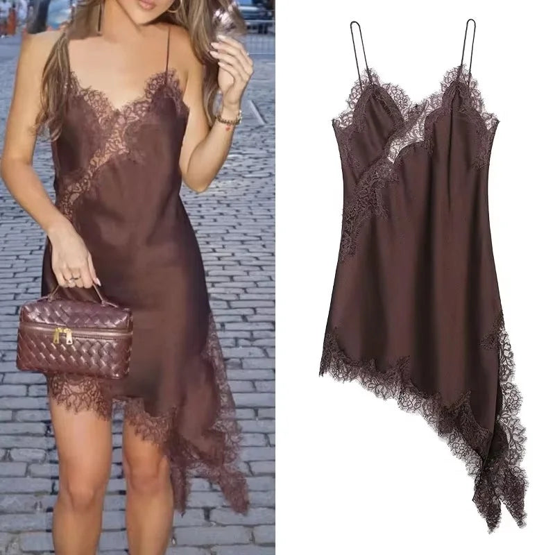 Hollow Out See Through Lace Spliced Satin Sling Dress Women