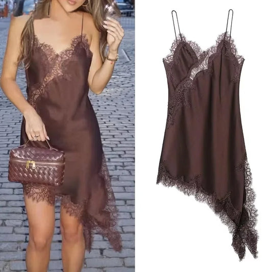 Hollow Out See Through Lace Spliced Satin Sling Dress Women