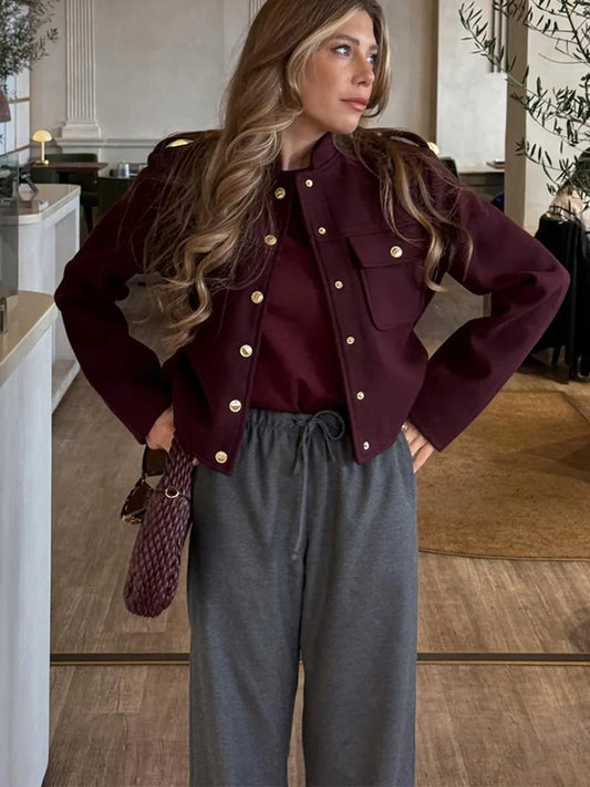 Soft Tweed Bomber Jacket O-Neck Long Sleeve