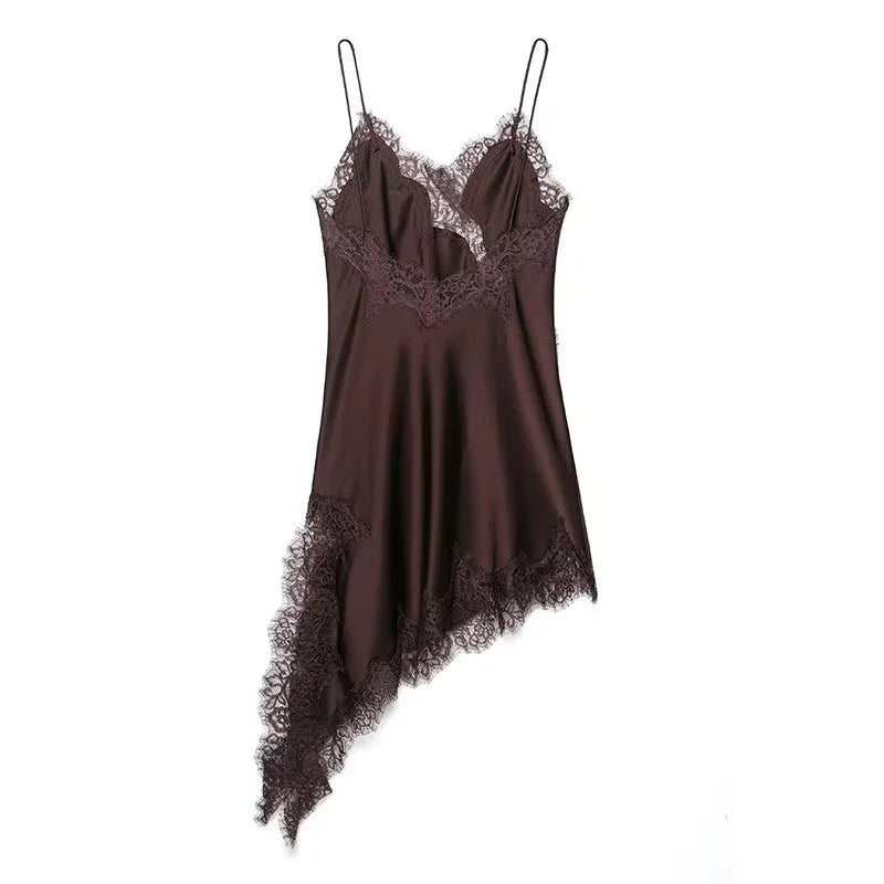 Hollow Out See Through Lace Spliced Satin Sling Dress Women